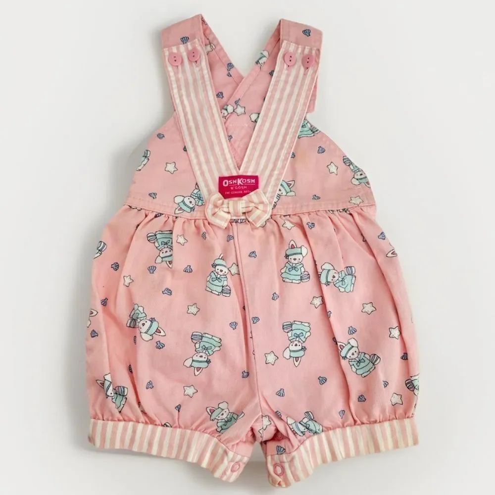 VINTAGE Osh Kosh Overalls Girls 3T Pink Bunny Rabbit Easter Print USA